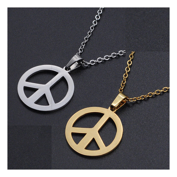 Stainless Steel Pendant Necklace Lobster Clasp Peace Sign Gold 17.71" 1.5mm P84