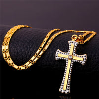 Gold Plated  Necklace Pendant Two Tone Gold Cross Religious Mens Unisex L66