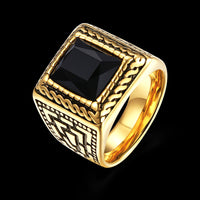 Stainless Steel Yellow Gold Plated Ring Men's Black Glass Stone B547