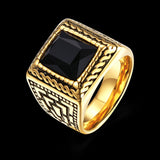 Stainless Steel Yellow Gold Plated Ring Men's Black Glass Stone B547