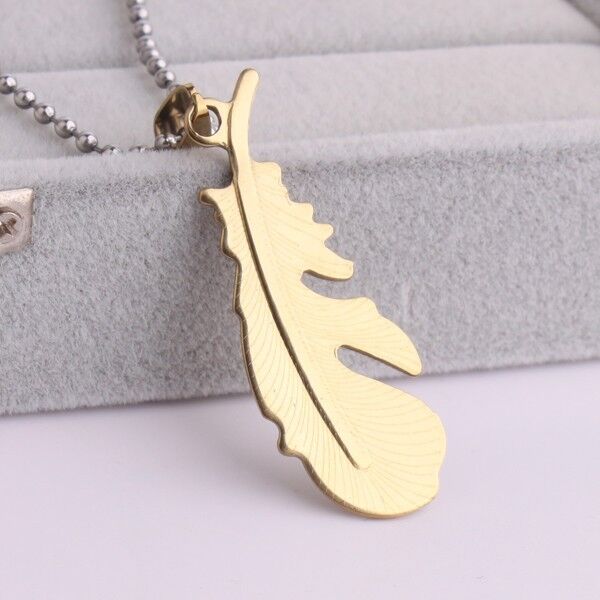 316L Stainless Steel Pendant 0.70X1.96 Inch Feather Gold Necklace 22" B119