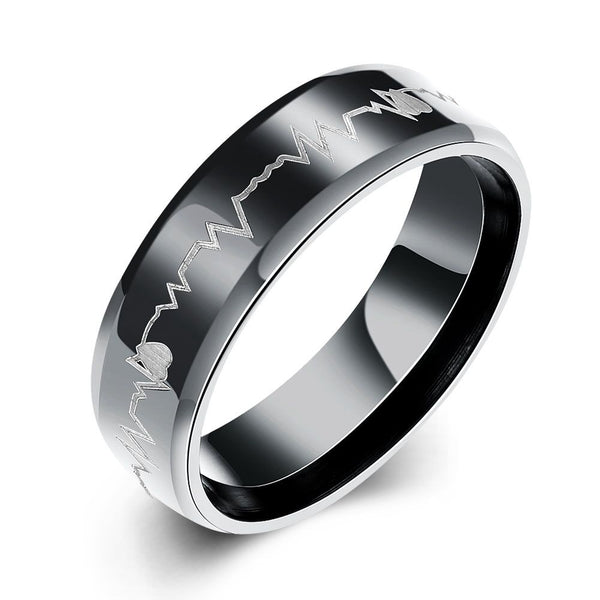 Stainless Steel Band Wedding Ring Black Men's Unisex Heart Rate B428