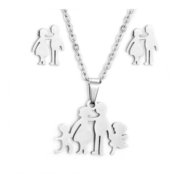 Stainless Steel Set Pendant Necklace Stud Earrings Family Silver 17" A464