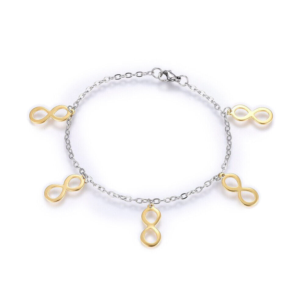 304 Stainless Steel Charm Bracelet Lobster Infinity Gold Silver 7.8" 2.5mm A75