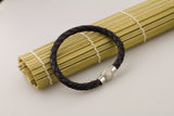 Genuine Leather Braided Stainless Steel Magnetic Clasp Bracelet Unisex Black