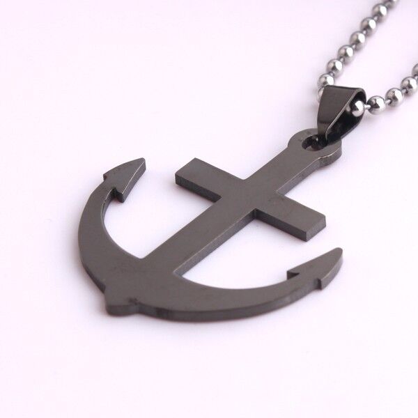 316L Stainless Steel Pendant 1.30 X1.58 Inch Anchor Black Necklace 22" B25