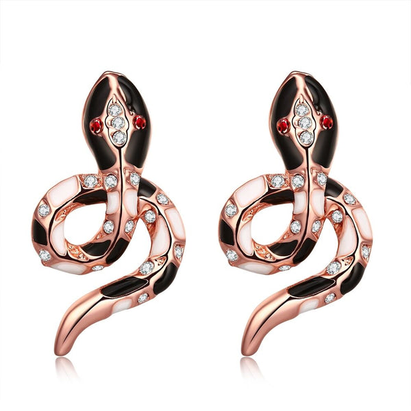 Rose Gold Plated Black Earrings Stud AAA Zirconia Push Back Snake L170