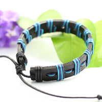 Genuine Leather Bracelet Men's Unisex Wrap Tribal Black Bluw Adjust 7-9 in H17