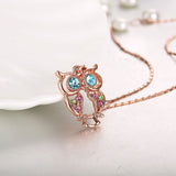 Rose Gold Plated Necklace Pendant Owl Zirconia Blue 19 Inches 1MM Lobster B155