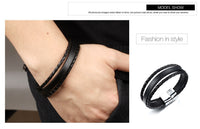 Stainless Steel Genuine Leather Bracelet Black Silver Men's Unisex Slide G382