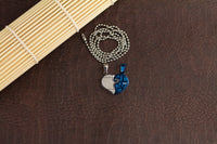 Stainless Steel Lovers Heart Zirconia Pendant Beads Necklace Silver Blue L173