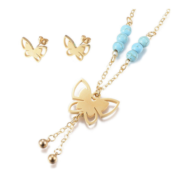 Stainless Steel Set Necklace Earrings Turquoise Butterfly Gold 20.4" P687