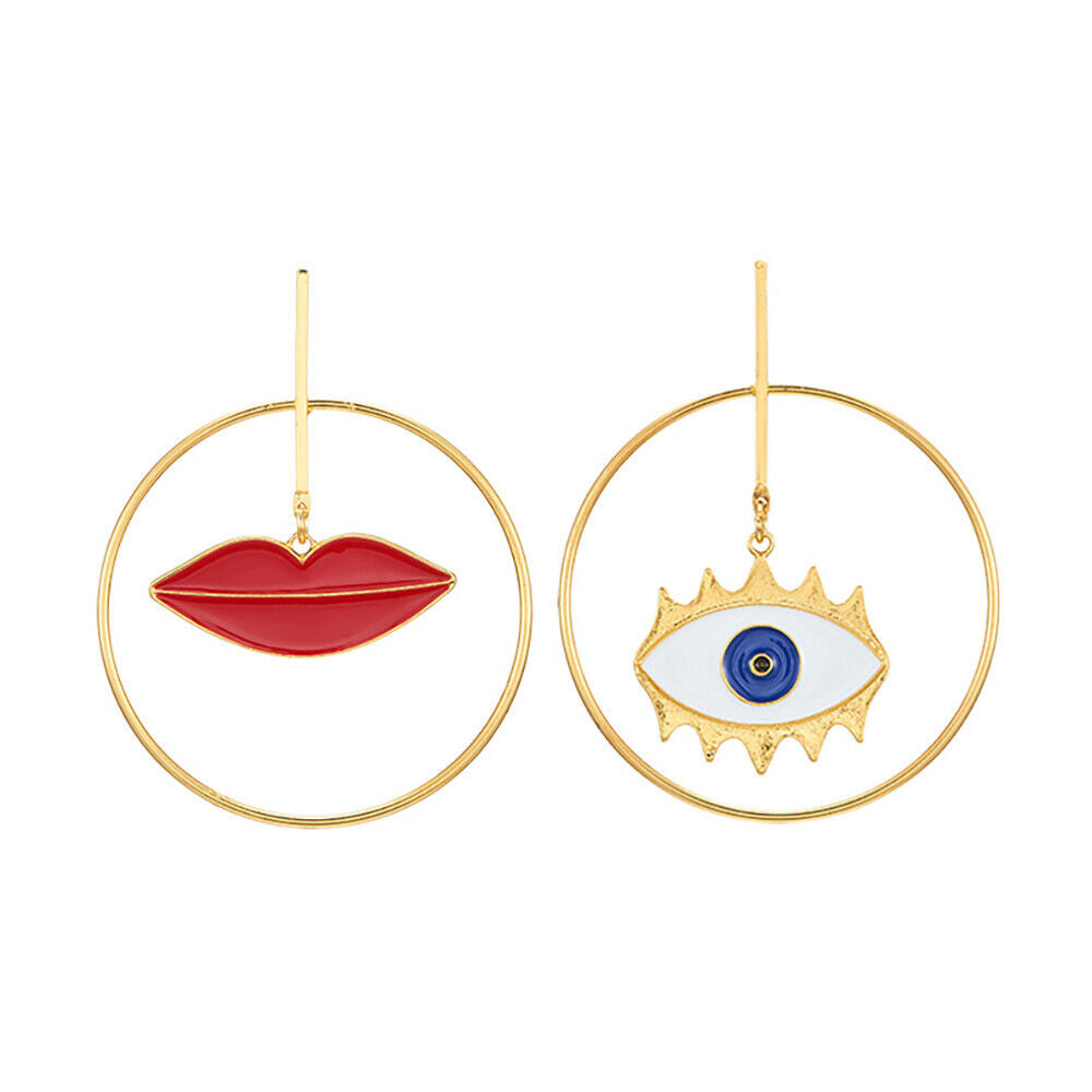Ear Studs Set Dangle Earrings Asymmetrical Earrings Enamel Lip Eye Gold  P317