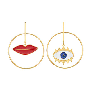 Ear Studs Set Dangle Earrings Asymmetrical Earrings Enamel Lip Eye Gold  P317