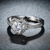 Platinum Plated Encrusted Halo Solitaire Ring AAA Zirconia Women B298