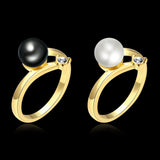 Gold Plated Solitaire Ring Black Glass Pearl For Women B160