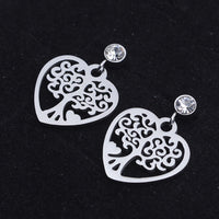 Stainless Steel Dangle Stud Earrings Zirconia Heart Tree of Life Silver  Z374