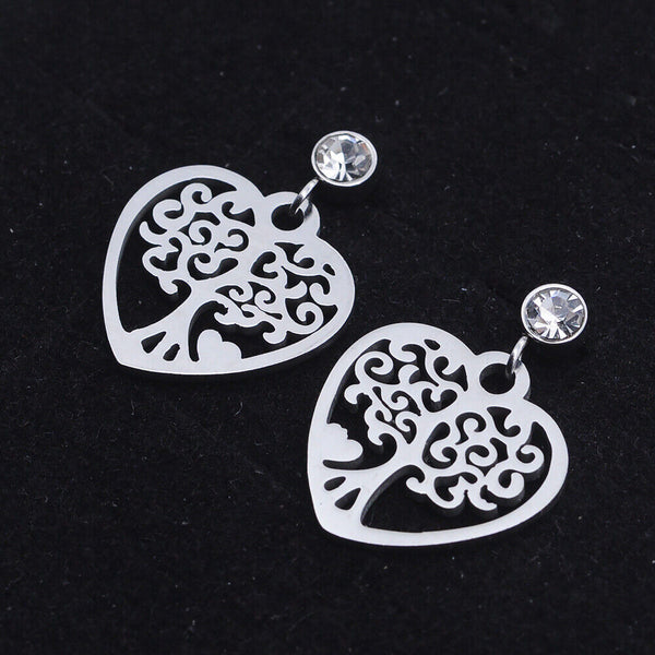 Stainless Steel Dangle Stud Earrings Zirconia Heart Tree of Life Silver  Z374