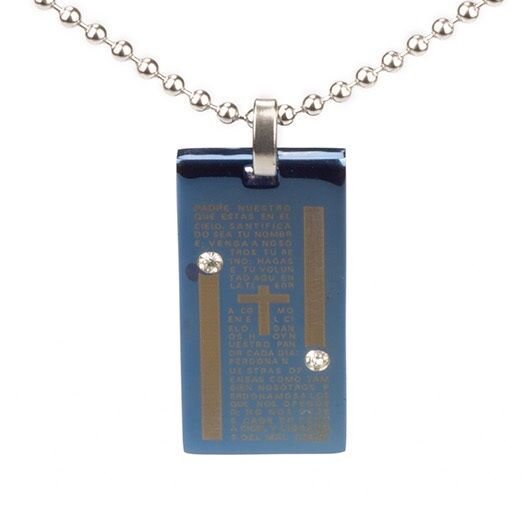 Stainless Steel Cross Tag Pendant Beads Necklace Unisex Blue L149