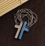 Stainless Steel Cross Pendant Beads Necklace Unisex Silver Blue L157