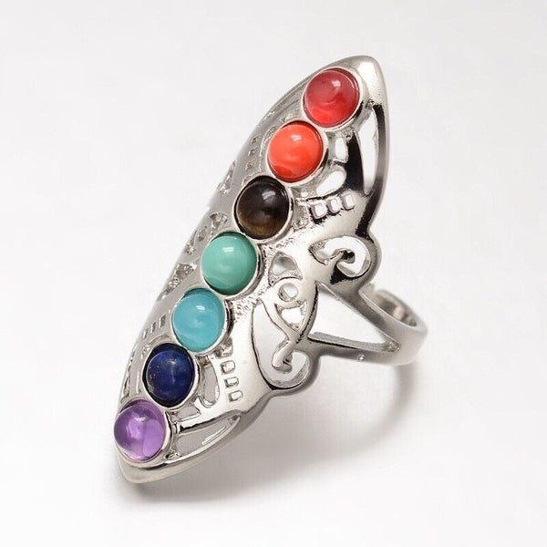 Chakra Stone Ring Wide Band Rings Hollow Platinum Adjustable Size 18mm P13