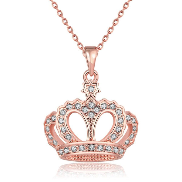 Rose Gold Plated Necklace Pendant Crown Zirconia 20 Inches 1MM Lobster B115