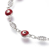 Stainless Steel Bracelet Enamel Lobster Evil Eye Oval Red Silver 7.6" Z192