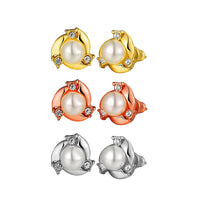 Rose Gold Platinum Plated  Earrings Stud Pearl AAA Zirconia Push Back .4" L260