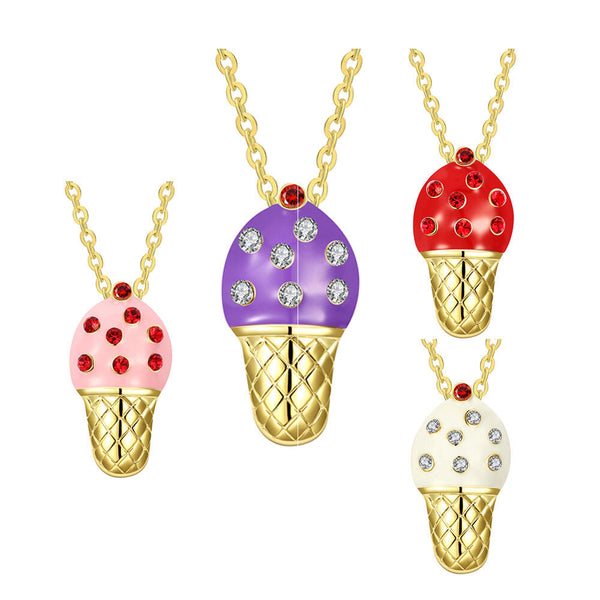 Yellow Gold Plated Necklace Women's Pendant Ice Cream AAA Zirconia Lobster B176