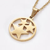 Stainless Steel Set Earring Pendant Necklace Flat Round Star Gold 18" P797