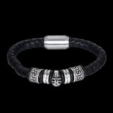 Stainless Steel Leather Bracelet 7.87 Inch  Silver Black Magnetic Clasp L359