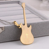 Stainless Steel Pendant 1.00X2.8 Inch Guitar Gold Necklace 22" B23