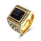 Stainless Steel Yellow Gold Plated Ring Men's Black Glass Stone B547