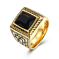 Stainless Steel Yellow Gold Plated Ring Men's Black Glass Stone B547