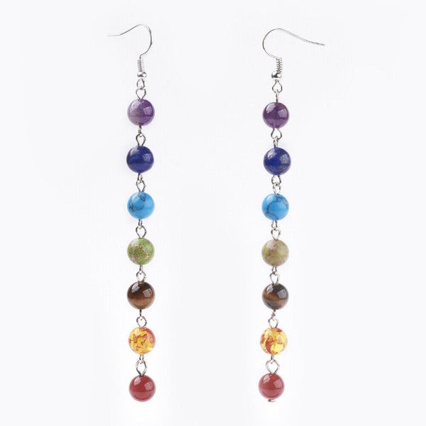 Chakra Natural Stone Beads Dangle Earrings Platinum Hooks 114mm 0.6mm P212