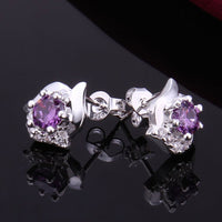 Sterling Silver Drop Dangle Stud Earrings Purple Zirconia L44