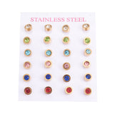 Stainless Steel Ear Studs Rhinestone Flat Round Mixed Color Gold 14mm 6Pair Z389