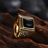 Stainless Steel Yellow Gold Plated Ring Men's Black Glass Stone B547