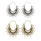 Bohemian Hoop Earrings Moon Heart Antique Gold Black Flower 35.5x39x1.5mm P353