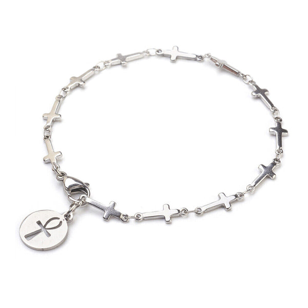 Stainless Steel Charm Bracelet Ankh Cross Silver 7.8" Z121