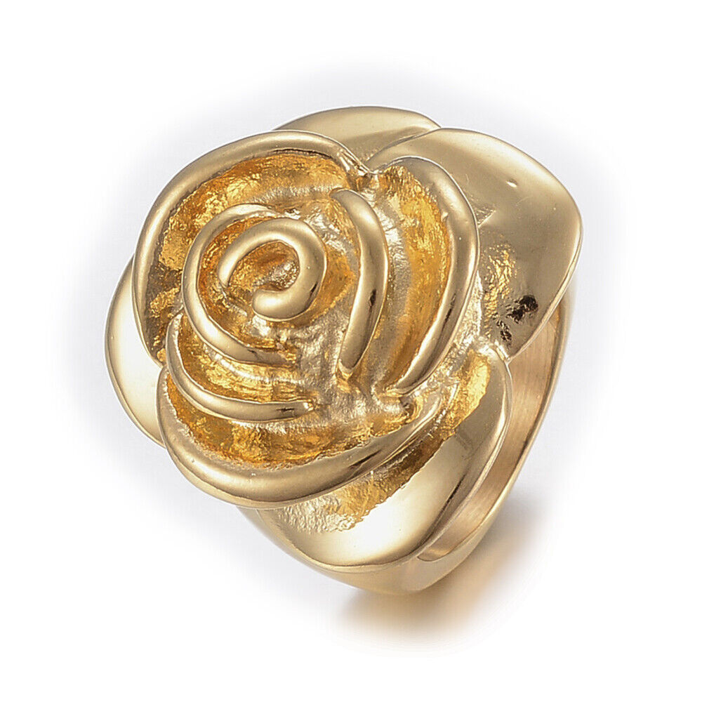304 Stainless Steel Wide Band Finger Rings Flower Gold Size 6~9 16~19mm Z700