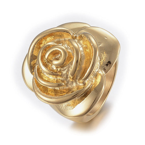 304 Stainless Steel Wide Band Finger Rings Flower Gold Size 6~9 16~19mm Z700
