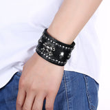 Leather Bracelet Handmade Black 8 Inches 48MM  Button Clasp L512