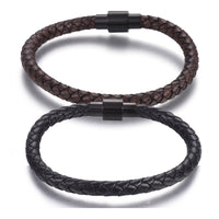 Leather Cord Bracelet Stainless Steel Magnetic Clasp Gunmetal Rown 8.3" A59