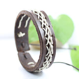 Genuine Leather Bracelet Men's Unisex Wrap Tribal Brown White Adjust 7-9 In H138