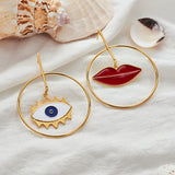 Ear Studs Set Dangle Earrings Asymmetrical Earrings Enamel Lip Eye Gold  P317