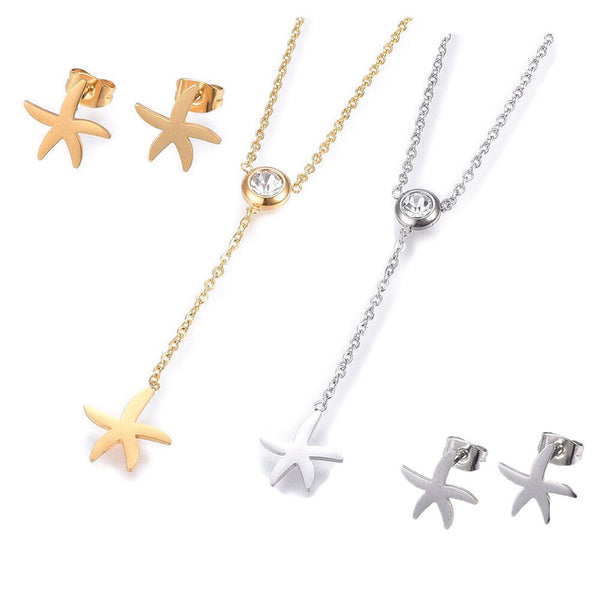 Stainless Steel Set Earrings Pendant Necklace Starfish Gold Silver 16.54" P726