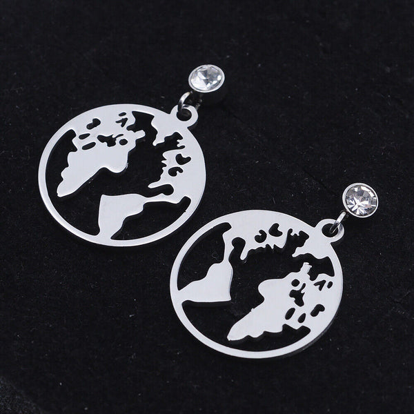 Stainless Steel Dangle Stud Earrings Zirconia Map Silver 24.5mm 0.8mm Z380