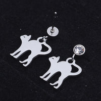 Stainless Steel Kitten Dangle Stud Earrings Zirconia Stretching Cat Silver Z376