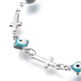 Stainless Steel Bracelet Enamel Lobster Evil Eye Cross Silver Turquoise 7" Z191